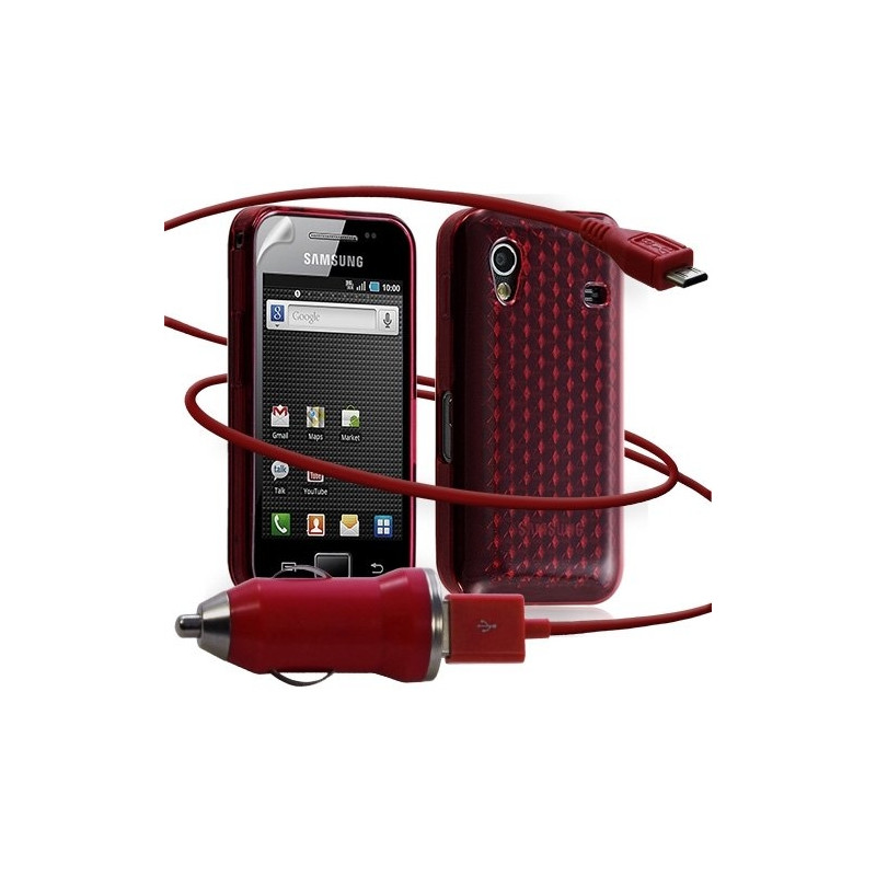 Seluxion -Housse coque gel damier + Chargeur Auto USB Samsung Galaxy Ace S5830 couleur rouge