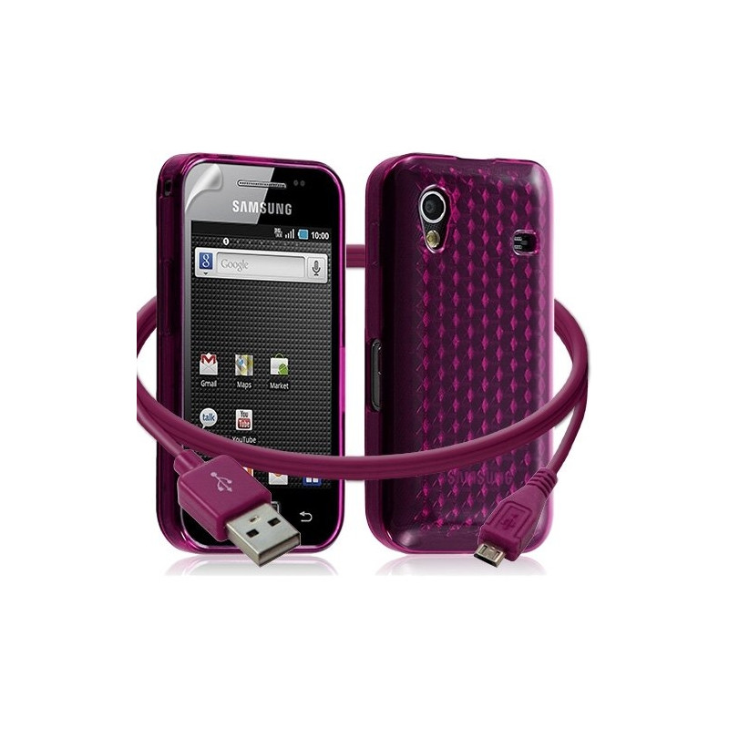 Seluxion -Housse coque gel damier + Câble data USB Samsung Galaxy Ace S5830 couleur rose fuschia