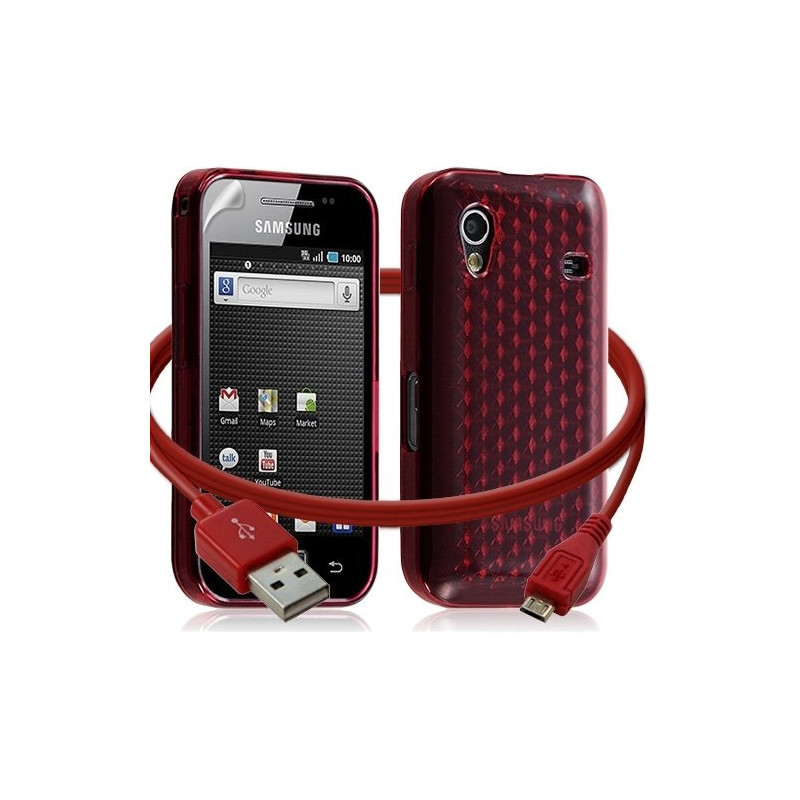 Seluxion -Housse coque gel damier + Câble data USB Samsung Galaxy Ace S5830 couleur rouge