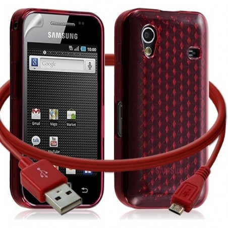 Seluxion -Housse coque gel damier + Câble data USB Samsung Galaxy Ace S5830 couleur rouge