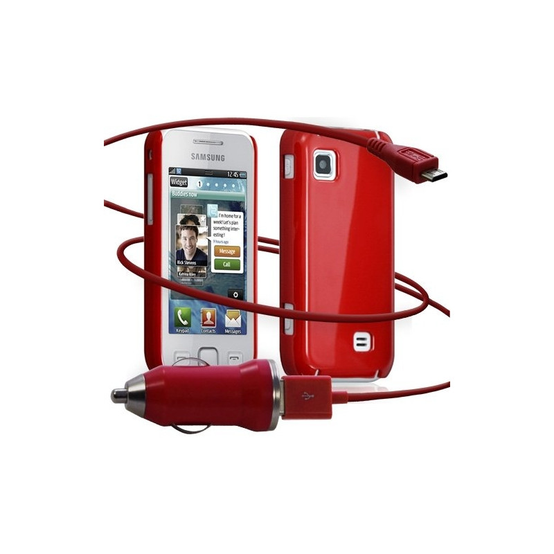 Housse étui coque rigide brillante + Chargeur Auto USB pour Samsung Wave575 couleur rouge