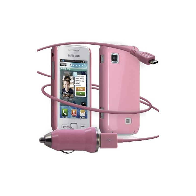 Housse étui coque rigide brillante + Chargeur Auto USB pour Samsung Wave575 couleur rose