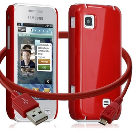 Housse étui coque rigide brillante + Câble data USB pour Samsung Wave575 couleur rouge