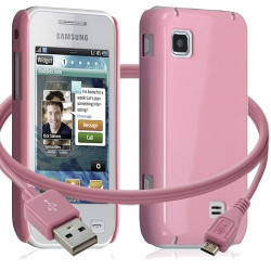 Housse étui coque rigide brillante + Câble data USB pour Samsung Wave575 couleur rose