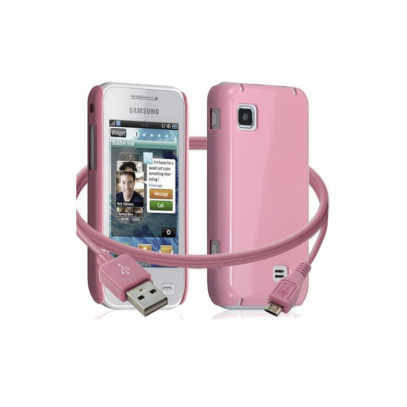 Housse étui coque rigide brillante + Câble data USB pour Samsung Wave575 couleur rose