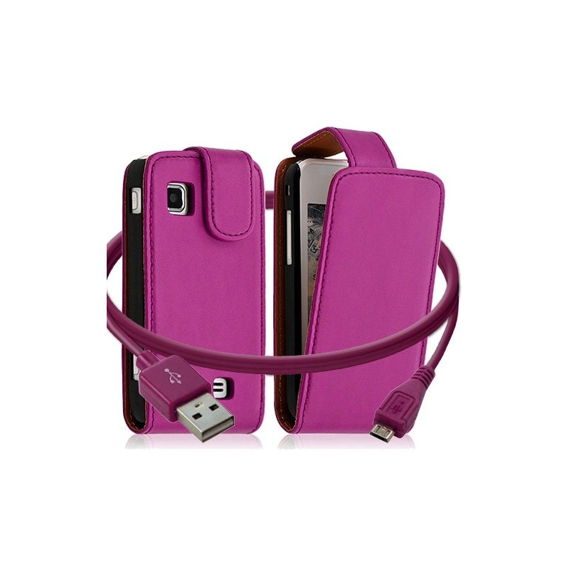 Housse coque etui + Câble data USB pour Samsung Wave575 couleur rose fushia