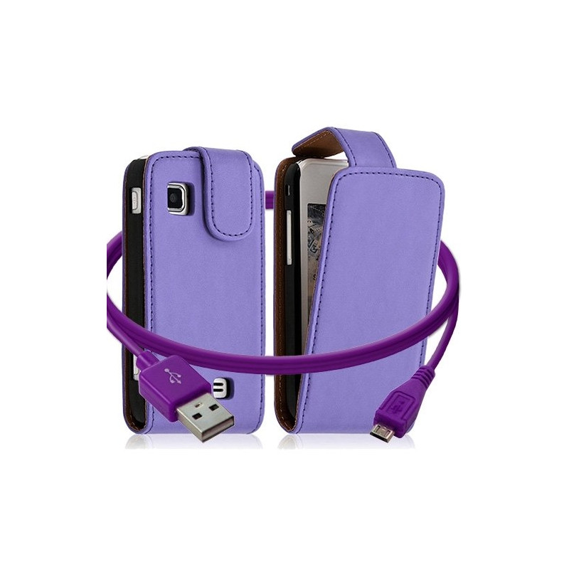 Housse coque etui + Câble data USB pour Samsung Wave575 couleur violet