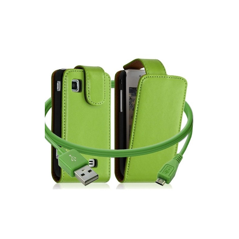 Housse coque etui + Câble data USB pour Samsung Wave575 couleur vert