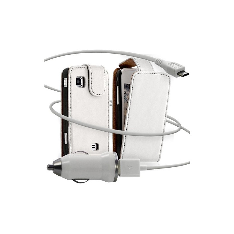 Housse coque etui + Chargeur Auto USB pour Samsung Wave575 couleur blanc