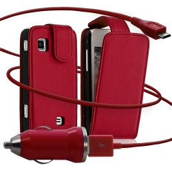 Housse coque etui + Chargeur Auto USB pour Samsung Wave575 couleur rouge