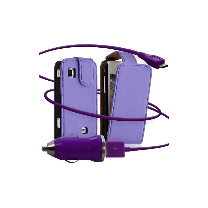 Housse coque etui + Chargeur Auto USB pour Samsung Wave575 couleur violet