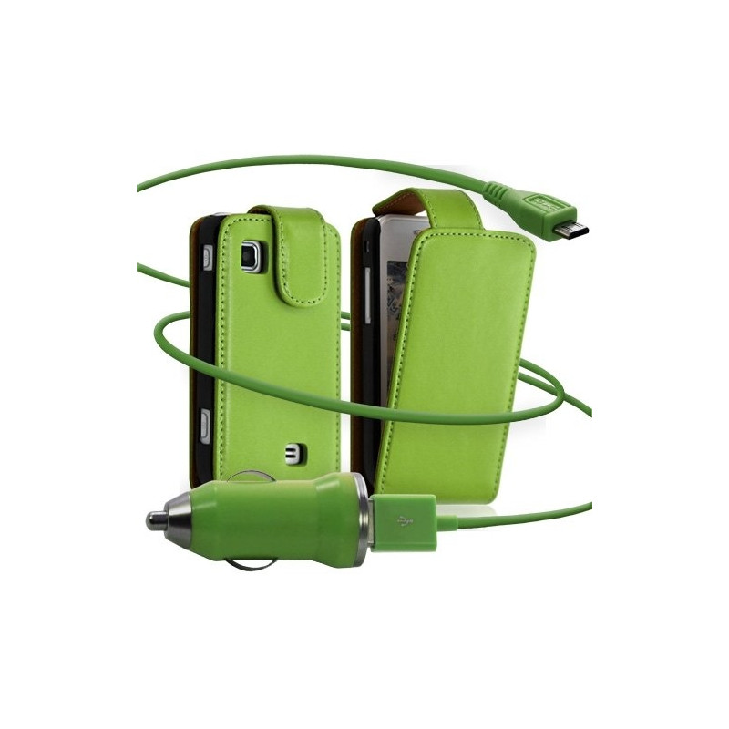 Housse coque etui + Chargeur Auto USB pour Samsung Wave575 couleur vert