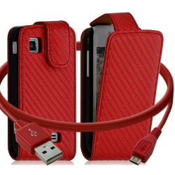 Housse coque etui gaufré + Câble data USB pour Samsung Wave575 couleur rouge