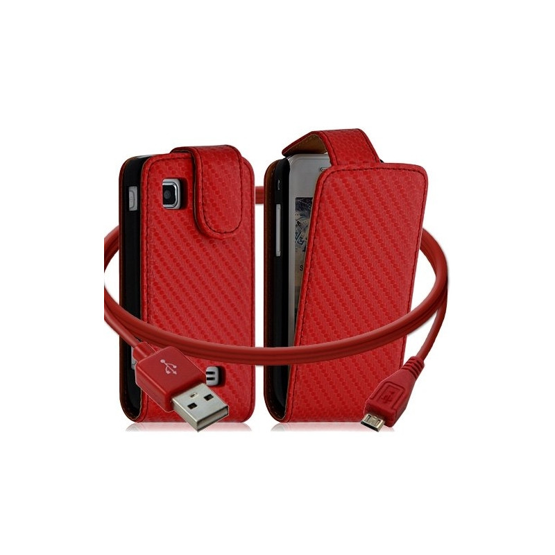 Housse coque etui gaufré + Câble data USB pour Samsung Wave575 couleur rouge