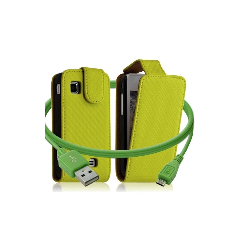 Housse coque etui gaufré + Câble data USB pour Samsung Wave575 couleur vert