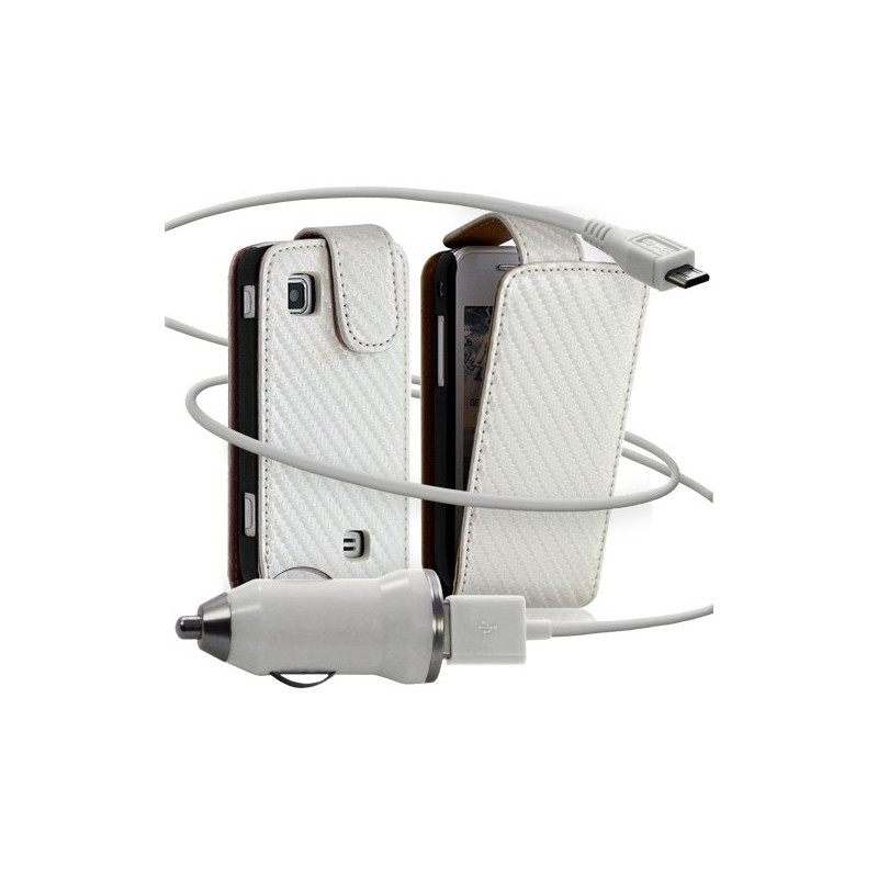 Housse coque etui gaufré + Chargeur Auto USB pour Samsung Wave575 couleur blanc