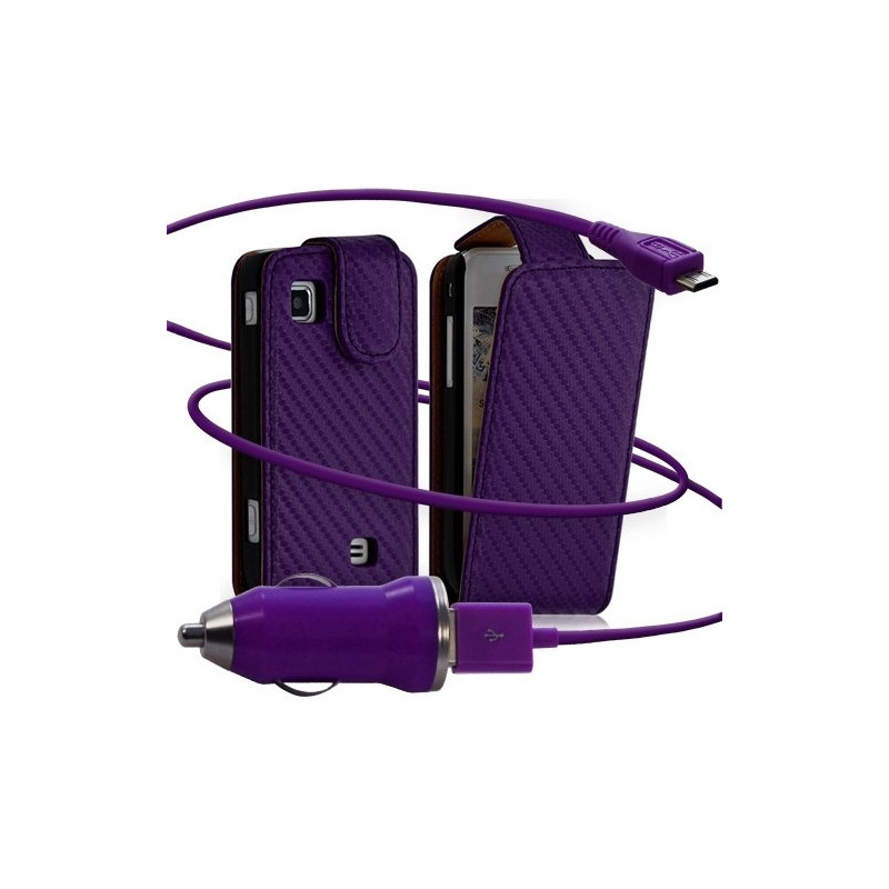 Housse coque etui gaufré + Chargeur Auto USB pour Samsung Wave575 couleur violet