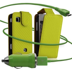 Housse coque etui gaufré + Chargeur Auto USB pour Samsung Wave575 couleur vert