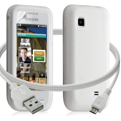 Housse étui coque silicone + Câble data USB Samsung Wave575 couleur blanc