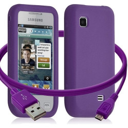 Housse étui coque silicone + Câble data USB Samsung Wave575 couleur violet