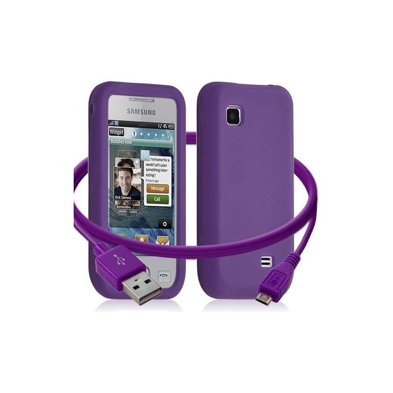 Housse étui coque silicone + Câble data USB Samsung Wave575 couleur violet