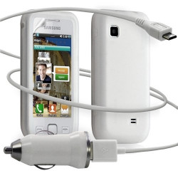 Housse étui coque silicone + Chargeur Auto USB Samsung Wave575 couleur blanc