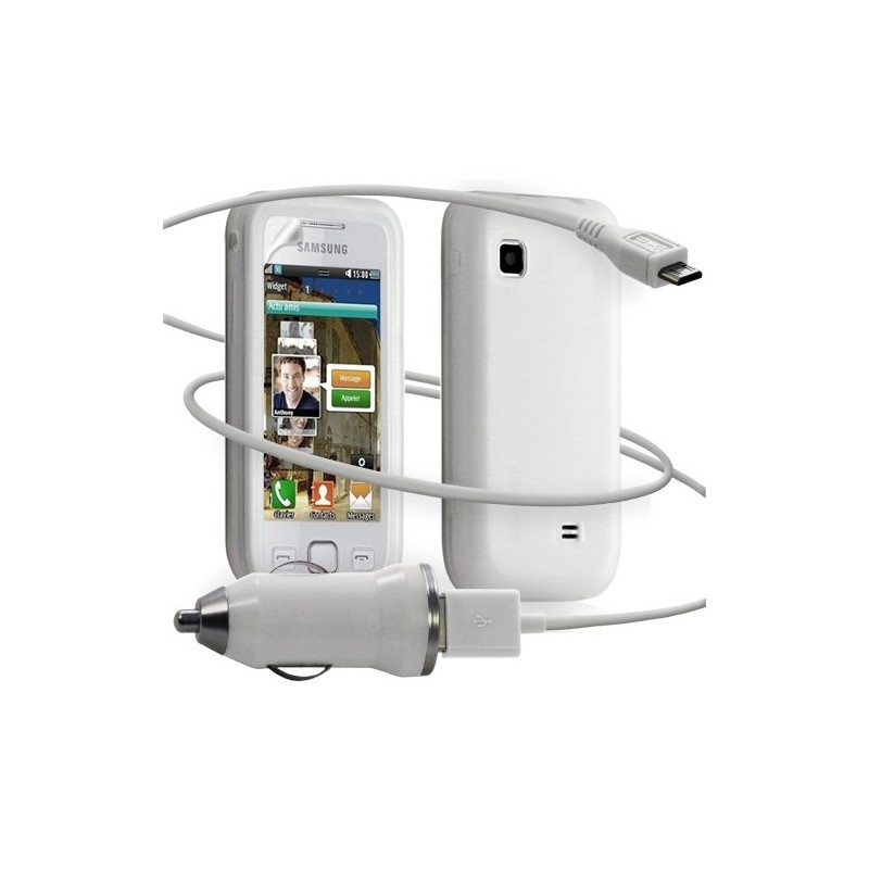 Housse étui coque silicone + Chargeur Auto USB Samsung Wave575 couleur blanc