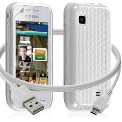 Housse coque gel damier + Câble data USB Samsung Wave575 couleur blanc