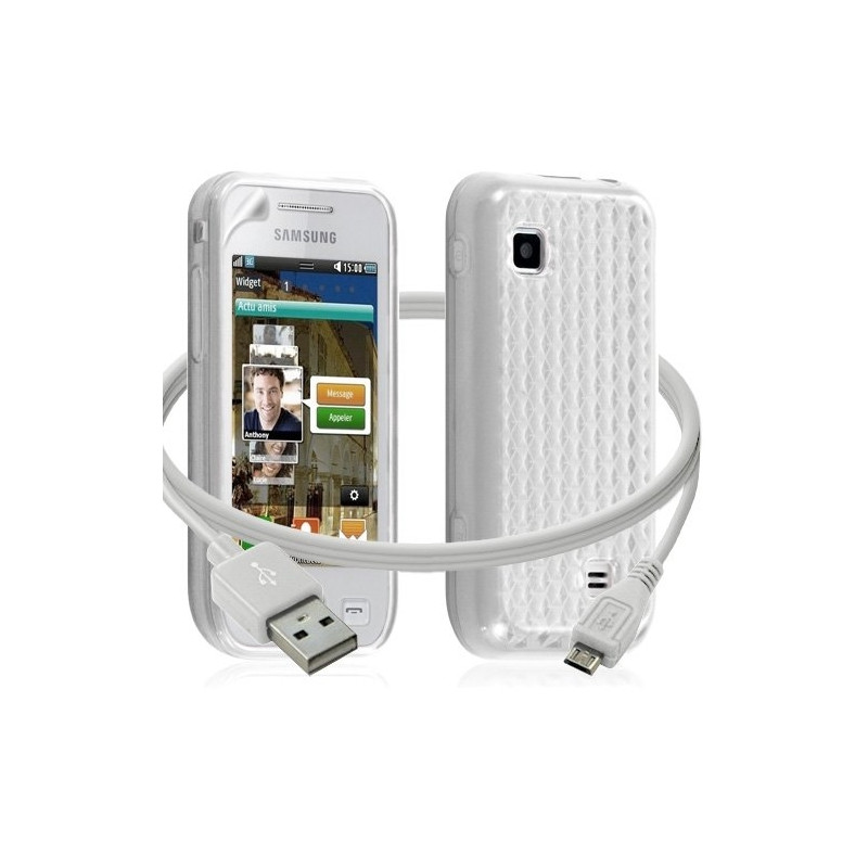 Housse coque gel damier + Câble data USB Samsung Wave575 couleur blanc