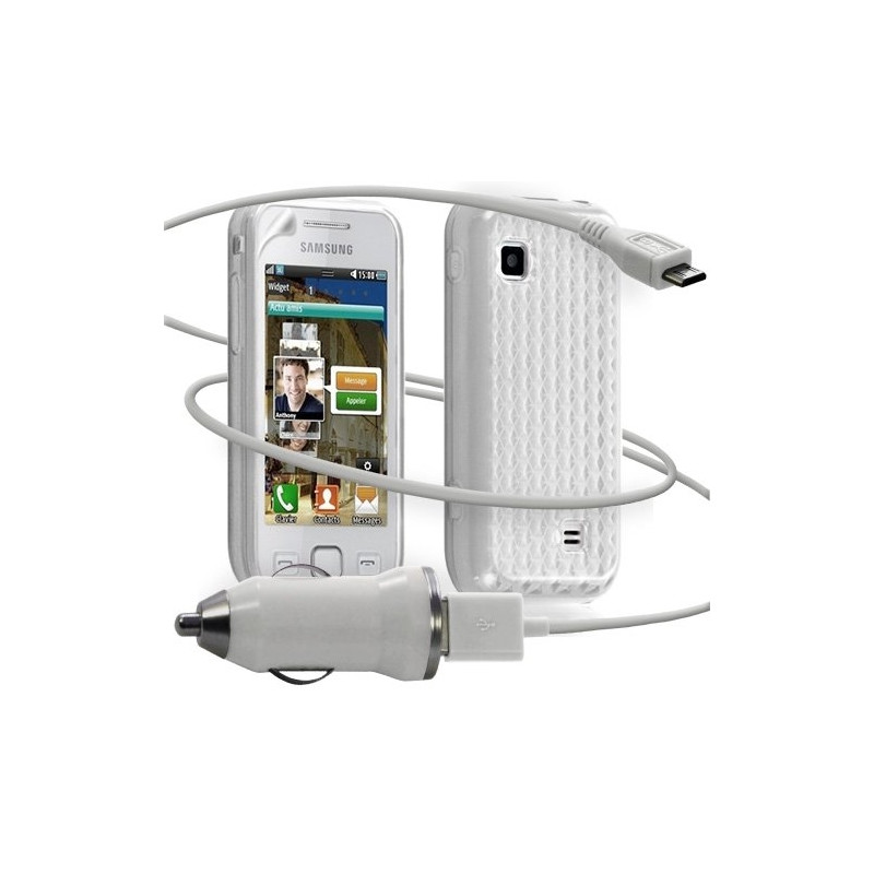 Housse coque gel damier + Chargeur Auto USB Samsung Wave575 couleur blanc
