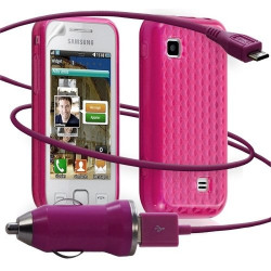 Housse coque gel damier + Chargeur Auto USB Samsung Wave575 couleur rose fushia