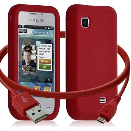 Housse étui coque silicone + Câble data USB Samsung Wave575 couleur rouge