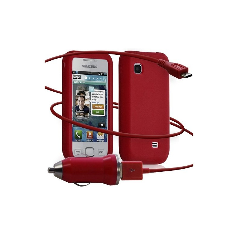 Housse étui coque silicone + Chargeur Auto USB Samsung Wave575 couleur rouge