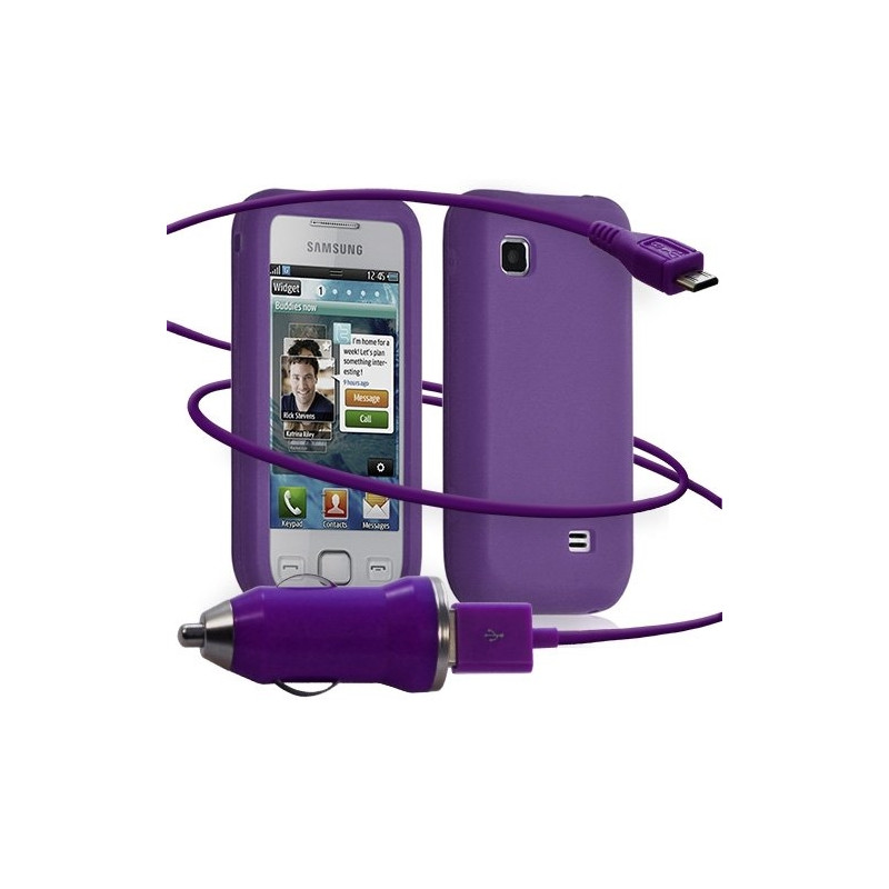 Housse étui coque silicone + Chargeur Auto USB Samsung Wave575 couleur violet