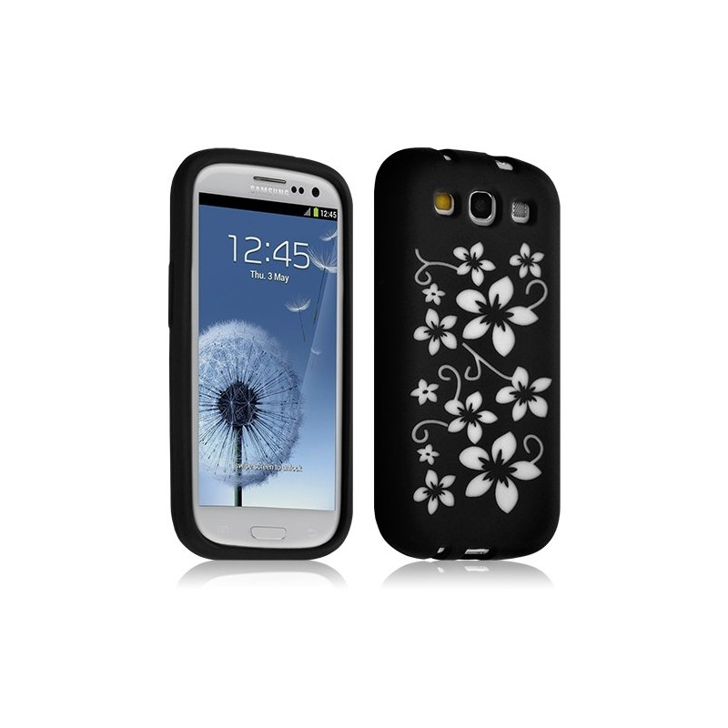 Housse étui coque silicone pour Samsung Galaxy S3 avec motif fleur couleur noir