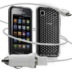 Housse coque gel diamant transparent + Chargeur Auto USB pour Samsung Galaxy S i9000 couleur blanc