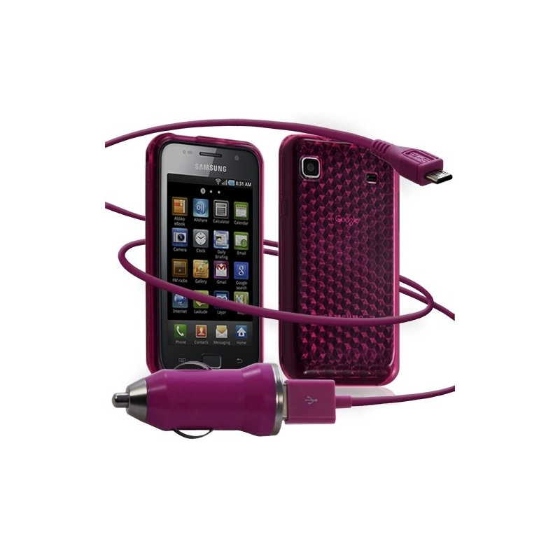 Housse coque gel diamant transparent + Chargeur Auto USB pour Samsung Galaxy S i9000 couleur rose fushia