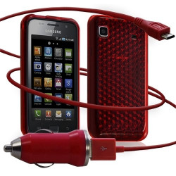 Housse coque gel diamant transparent + Chargeur Auto USB pour Samsung Galaxy S i9000 couleur rouge