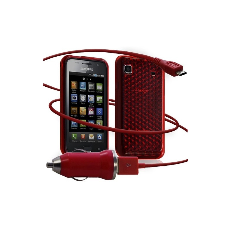 Housse coque gel diamant transparent + Chargeur Auto USB pour Samsung Galaxy S i9000 couleur rouge