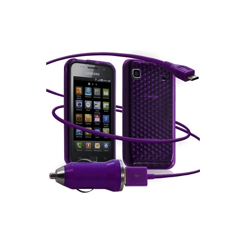 Housse coque gel diamant transparent + Chargeur Auto USB pour Samsung Galaxy S i9000 couleur violet