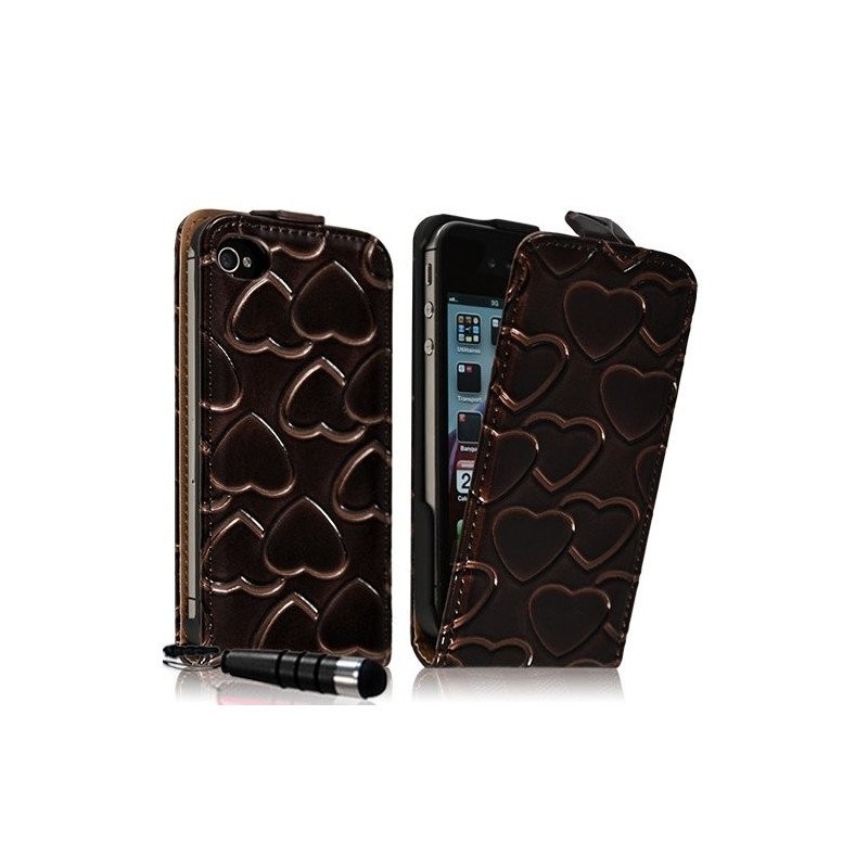 Housse coque étui pour Apple iPhone 4 / 4S avec motif coeur couleur marron + mini stylet