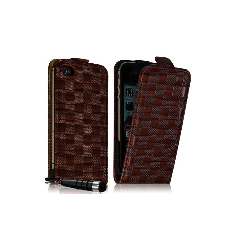 Housse coque étui pour Apple iPhone 4 / 4S avec motif carré couleur marron + mini stylet