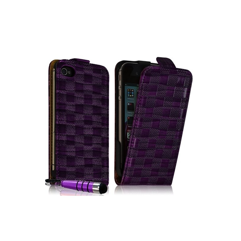 Housse coque étui pour Apple iPhone 4 / 4S avec motif carré couleur violet + mini stylet