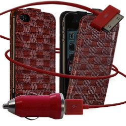 Housse coque étui motif carré + Chargeur Auto pour Apple iPhone 4 / 4S couleur rouge