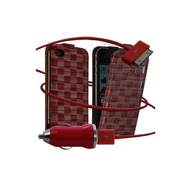 Housse coque étui motif carré + Chargeur Auto pour Apple iPhone 4 / 4S couleur rouge