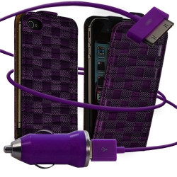 Housse coque étui motif carré + Chargeur Auto pour Apple iPhone 4 / 4S couleur violet