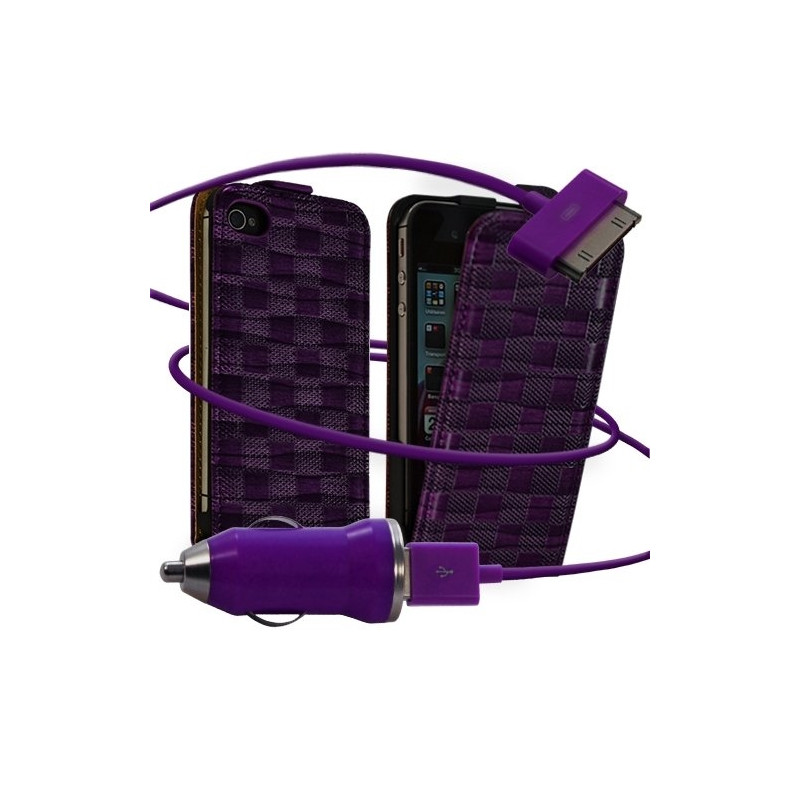 Housse coque étui motif carré + Chargeur Auto pour Apple iPhone 4 / 4S couleur violet