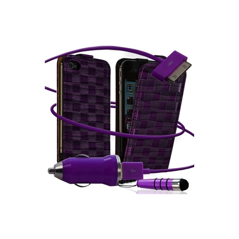 Housse coque étui motif carré + Chargeur Auto + stylet pour Apple iPhone 4 / 4S couleur violet