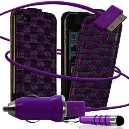 Housse coque étui motif carré + Chargeur Auto + stylet pour Apple iPhone 4 / 4S couleur violet