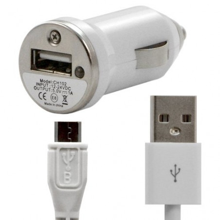 Chargeur voiture allume cigare USB avec câble data couleur blanc pour Nokia : Asha 200 / Asha 201 / Asha 202 / Asha 302 / Asha 